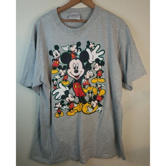 Vintage 80s 90S XL Walt Disney World Mickey Mouse TShirt GRAY STRIPED DEFECTS - Picture 1 of 14
